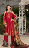 Front: Jaquard Lawn Back: Jaquard Lawn Sleeves: Jaquard Lawn Pants:Dyed Cambric Dupatta: Digital Printed Tissue Silk Embroideries: Embroidered Silk Neckline Embroiderd Silk Patches For Trouser (2) Embroiderd Silk Patti