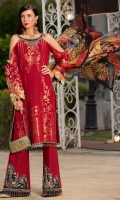 Front: Jaquard Lawn Back: Jaquard Lawn Sleeves: Jaquard Lawn Pants:Dyed Cambric Dupatta: Digital Printed Tissue Silk Embroideries: Embroidered Silk Neckline Embroiderd Silk Patches For Trouser (2) Embroiderd Silk Patti