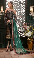 Front: Jamawar jacquard  Back: Jamawar jacquard  Sleeves: Jacquard  Pants: Dyed raw silk  Dupatta: Embroidered net  Embroideries:  1) Handmade neckline                            2) Jacquard borders for dupatta                            3) Sequin border for the front                            4) Sleeves Patti