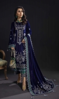 EMBROIDERY WITH SEQUINS ON VELVET FRONT PLAIN BACK VELVET WITH EMBROIDERED BORDER PATCH EMBROIDERED VELVET DUPATTA RAWSILK TROUSER WITH EMBROIDERED BORDER PATCH