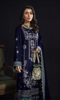 EMBROIDERY WITH SEQUINS ON VELVET FRONT PLAIN BACK VELVET WITH EMBROIDERED BORDER PATCH EMBROIDERED VELVET DUPATTA RAWSILK TROUSER WITH EMBROIDERED BORDER PATCH