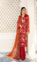 Embroidered Chiffon Front With Hand-Embellishment Embroidered Chiffon Front Daman Patti With Hand-Embellishment Embellished Organza Neckline Embroidered Chiffon Back Embroidered Chiffon Sleeves With Hand-Embellishment Embroidered Chiffon Foil Printed Dupatta Dyed Inner Shirt Lining Trouser Raw Silk 4 Piece Suit