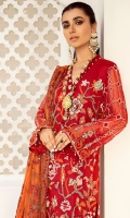 Embroidered Chiffon Front With Hand-Embellishment Embroidered Chiffon Front Daman Patti With Hand-Embellishment Embellished Organza Neckline Embroidered Chiffon Back Embroidered Chiffon Sleeves With Hand-Embellishment Embroidered Chiffon Foil Printed Dupatta Dyed Inner Shirt Lining Trouser Raw Silk 4 Piece Suit
