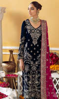Embroidered, Sequined And Hand-Embellished Velvet Front Front Border Sequined, Embroidered & Hand-Embellished Plain Back Velvet Velvet Sleeves Sequined, Embroidered & Hand-Embellished Rawsilk Trouser Fabric Embroidered Trouser Border Patti Embroidered Chiffon Dupatta With Embroidered, Sequined And Hand-Embellished Pallu Embroidered Organza Dupatta Patti