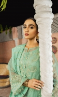 Organza shirt front with tilla and thread embroidery 0.66 meter organza sleeves 0.8 meter organza back 0.66meter Organza front and back hem borders in tilla and thread embroidery Tilla and thread embroidered sleeve border lawn slip 2meter zarri dupatta 2.5meters cambric lawn trouser 2.5meters