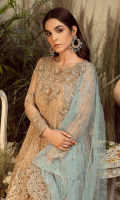 Embroidered chiffon for front & back yoke: 0.75 yard  Embroidered chiffon for front & back: 2.50 yards  Embroidered organza border for front & back: 3.25 yards  Embroidered chiffon for sleeves: 0.75 yard  Embroidered Net for dupatta: 2.75 yards  jamawar for trousers: 2.50 yards  Embroidered organza border for trousers: 1 yard