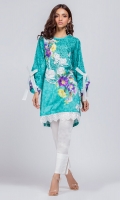 Ready to wear digital printed shirt. Round neckline with frayed trimmings. Straight shirt with lace on daman and loose fit sleeves with an organza bow knot.