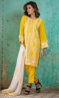 Round Neck Fully Embroidered Eid Style With Pearl Buttons & Tassels Details. Yellow Chiffon Dupatta & Trouser Also Added