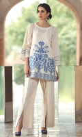 2 Pc Stitched Dress.Round Neck.Fully Embroidered Front.Bell Shaped Sleeves With .Trouser With Blue Piping & Slits