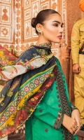 Front: 1.25 Yards Fully Embroidered with Border Patch Back: 1.25 Yards Embroidered Sleeves: 0.75 Yards Embroidered Sleeves Trouser: Cambric Plain Dupatta: 2.8 Yards Silk Printed