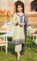 Front: 1.25 Yards Fully Embroidered Tarkashi Lawn with Silk Neck Line Patch & Front Border Patch Back: 1.25 Yards Fully Embroidered  Sleeves: 0.75 Yards Embroidered with Silk Patch Trouser: Cambric Plain Dupatta: 2.8 Yards Net Embroidered