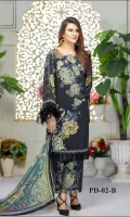 Three pcs embroidered linen suit with chiffon dupatta