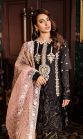 Laser Cut Embroidered Front Printed Back Embroidered Sleeves Organza Schiffli Embroidered Block Printed Dupatta Pearl Printed Trouser Embroidered Neckline Laser Cut Embroidered Sleeves Patch  Embroidered Front Lace