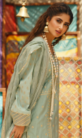 SEQUINS EMBROIDERED FRONT JACQUARD BACK JACQUARD SLEEVES EMBROIDERED BORDER FOR FRONT AND SLEEVES GOTTA EMBROIDERED ROCKET NET DUPATTA DYED TROUSER EMBROIDERED TROUSER LACE