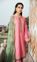 Chickenkari Embroidered Front with Kamdani Digital Printed Back Chanderi Dyed Sleeves Embroidered Chiffon Dupatta Dyed Trouser Schiffli Embroidered Trouser Patch Zarri Organza Dupatta Border