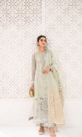 Embroidered front center panel Embroidered Side Panels For Front Embroidered Neckline Dori Embroidered Neckline Dori Embroidered Lace for front center panel Dori Embroidered Lace for Back Daman Embroidered Back Embroidered Sleeves Embroidered lace for Front, sleeves and Trouser Raw Silk Dyed trouser Tie and dye hand printed dupatta Dyed Slip