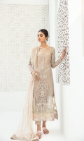 Embroidered Front center Panel Embroidered Sides Panel Embroidered Back Embroidered lace for front and back Embroidered Border for front, back and dupatta Embroidered Sleeves Embroidered Sleeves patches Embroidered Dupatta Embroidered Lace for Trouser Raw Silk Dyed Trouser Dyed Slip