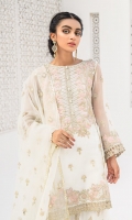 Embroidered Neckline Gotta Embroidered Front Center Panel Embroidered Back Center Panel Embroidered Side panels for front and Back Gotta Embroidered sleeves Embroidered Border For Front, Back & Sleeves Embroidered Lace for front Back & Sleeves Organza Jacquard Borders for Dupatta Embroidered Borders for Dupatta Gotta Embroidered Dupatta Block Printed Trouser Dyed Slip
