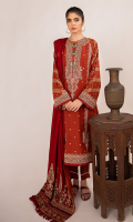 Block Printed Front Block Printed Back Block Printed Sleeves Embroidered Neckline Embroidered Front Lace Embroidered Front Motifs Embroidered Border For Front, Back, and Sleeves Embroidered Shawl Plain Trouser