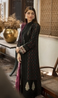 Shirt Hand loomed (Front ,Back & Sleeves) Schiffli Embroidered lace (Front Center & Daman) Front Motifs x 4 Plain organza (Front Daman) Embroidered lace (Sleeves) Shawl Hand loomed Jacquard Schiffli Embroidered border (Shawl) Trouser Plain Trouser