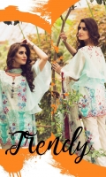 Printed Front Printed Back Printed Sleeves Chiffon Dupatta Dyed Trouser Two Embroidered patch for front One Embroidered patch for trouser