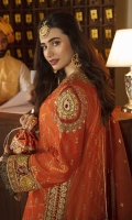 Shirt Gotta Embroidered (Front ,Back & Sleeves) Sheesha Embroidered Front Neckline Embroidered side lace (Front and Back) Gotta Embroidered border (Front) Embroidered Neckline (Back) Embroidered border (Back) Shoulder Motifs (Hand Made) Sheesha Embroidered Shoulder Motifs Embroidered sleeves border Hand Made Embroidered Tassels x2 Embroidered Tassels x2 Dupatta Organza (Hand work) Embroidered lace Four sided Digital Printed Dupatta Patch Trouser Raw silk Embroidered patch