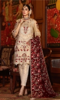 Golden Ornaments And Stones, Fashioned Shirt Hemline And Necklaces With Elegant Florals Full Embroidered Chiffon Dupatta Dyed Trouser