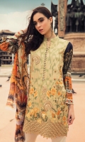 Jacquard Cotton Net Shirt Front  Digital Printed Shirt Back & Sleeves (100% Pima Cotton) Dyed Cambric Trouser Digital Printed Chiffon Dupatta Embroidered on Shirt  Embroidered Trouser Motif x 2