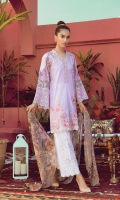 Digital Printed Shirt Front with Embroidery Digital Printed Back & Sleeves (100% Pima Cotton) Embroidered Cotton Trouser Digital Printed Chiffon Dopatta Embroidered Border with Cut Work Embroidered Lace