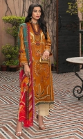 Embroidered Jacquard Shirt Front with Boring  Embroidered Jacquard Sleeves with Boring Digital Printed Back Digital Printed Silk Dupatta Dyed Cambric Trouser
