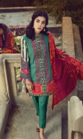 Embroidered Shirt Front Printed back & sleeves Dyed Karandi Trouser Embroidered Shawl