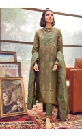 Jacquard Silk Karandi Shirt  Embroidered Shawl  Dyed Silk Karandi Trouser  Embroidered & Sequined Neck  Embroidered Border