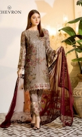 Embroidered chiffon front with sequins – 30 inch Embroidered chiffon back – 30  inch Embroidered chiffon sleeves – 1.25 Meter Embroidered tissue sleeves lace with pasting -1.25 Meter Embroidered tissue ghera lace – 1.5 Meter Embroidered chiffon dupatta – 2.50 Meter Raw Silk trouser – 2.5 Meter Embroidered tissue trouser lace for pasting