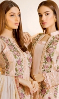 Embroidered chiffon front with sequins – 30 inch Embroidered chiffon back – 30 inch Embroidered chiffon sleeves – 1.25 Meter Embroidered tissue sleeves lace for pasting– 1.25 Meter Embroidered tissue ghera lace – 1.5 Meter Digital Silk printed dupatta – 2.50 Meter Raw Silk trouser – 2.5 Meter Embroidered tissue trouser lace for pasting