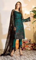 Embroidered chiffon front with sequins– 30 inch Embroidered chiffon back – 30 inch Embroidered chiffon sleeves – 1.25 Meter Embroidered tissue sleeves lace-1.25 Meter Embroidered tissue ghera lace – 1.5 Meter Embroidered Chiffon dupatta – 2.50 Meter Raw silk trouser – 2.5 Meter Embroidered tissue trouser lace for pasting