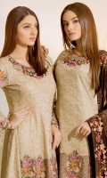 Embroidered chiffon front with sequins– 36 inch Embroidered chiffon back – 36 inch Embroidered chiffon sleeves – 1.25 Meter Embroidered tissue sleeves lace with pasting– 1.25 Meter Embroidered Net neck pasting Embroidered Net ghera lace – 1.5 Meter Embroidered chiffon dupatta – 2.50 Meter Raw Silk trouser – 2.5 Meter Embroidered tissue trouser lace for pasting