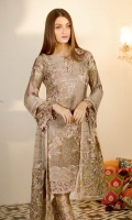 Embroidered chiffon front with sequins – 30 inch Embroidered chiffon back – 30 inch Embroidered chiffon sleeves – 1.25 Meter Embroidered tissue sleeves lace with patches for pasting -1.25 Meter Embroidered tissue ghera lace – 1.5 Meter Embroidered Net dupatta – 2.50 Meter Raw silk trouser – 2.5 Meter Embroidered tissue trouser lace for pasting  