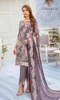 Embroidered chiffon front with sequins– 30 inch Embroidered chiffon back – 30 inch Embroidered chiffon sleeves – 1.25 Meter Embroidered tissue sleeves lace with patches – 1.25 Meter Embroidered tissue daman lace – 1.5 Meter Embroidered Chiffon dupatta – 2.50 Meter Raw silk trouser – 2.5 Meter Embroidered tissue trouser lace