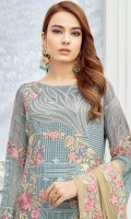 Embroidered chiffon front with sequins– 36 inch Embroidered chiffon back – 36 inch Embroidered chiffon sleeves – 1.25 Meter Embroidered tissue sleeves lace with pasting– 1.25 Meter Embroidered tissue daman lace – 1.5 Meter Embroidered chiffon dupatta – 2.50 Meter Raw silk trouser – 2.5 Meter Embroidered tissue trouser lace