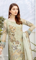 Embroidered chiffon front with sequins– 30 inch Embroidered chiffon back – 30 inch Embroidered chiffon sleeves – 1.25 Meter Embroidered tissue sleeves lace -1.25 Meter Embroidered tissue daman lace – 1.5 Meter Digital Printed silk dupatta – 2.50 Meter Raw silk trouser – 2.5 Meter Embroidered tissue trouser lace