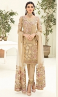 Embroidered chiffon front with sequence Embroidered chiffon back Embroidered chiffon sleeves Embroidered tissue lace with pasting Embroidered tissue ghera lace Embroidered net dupatta – 2.50 Meter Raw Silk trouser – 2.5 Meter Embroidered tissue trouser lace