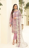 Embroidered chiffon front with sequence Embroidered chiffon back Embroidered chiffon sleeves Embroidered tissue lace with pasting Embroidered tissue ghera lace Embroidered chiffon dupatta – 2.50 Meter Raw Silk trouser – 2.5 Meter Embroidered tissue trouser lace