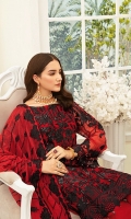 Embroidered Chiffon front with sequins– 30 inch  Embroidered Chiffon back – 30 inch Embroidered Chiffon sleeves  Embroidered tissue sleeves lace with pasting Embroidered tissue ghera lace Embroidered Chiffon dupatta – 2.50 Meter  Raw silk trouser – 2.5 Meter  Embroidered tissue trouser lace