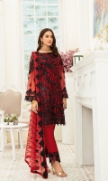 Embroidered Chiffon front with sequins– 30 inch  Embroidered Chiffon back – 30 inch Embroidered Chiffon sleeves  Embroidered tissue sleeves lace with pasting Embroidered tissue ghera lace Embroidered Chiffon dupatta – 2.50 Meter  Raw silk trouser – 2.5 Meter  Embroidered tissue trouser lace