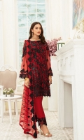 Embroidered Chiffon front with sequins– 30 inch  Embroidered Chiffon back – 30 inch Embroidered Chiffon sleeves  Embroidered tissue sleeves lace with pasting Embroidered tissue ghera lace Embroidered Chiffon dupatta – 2.50 Meter  Raw silk trouser – 2.5 Meter  Embroidered tissue trouser lace