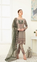 Embroidered Chiffon front with sequins– 30 inch  Embroidered Chiffon back – 30 inch Embroidered Chiffon sleeves  Embroidered tissue sleeves lace with pasting Embroidered tissue ghera lace Embroidered Net dupatta – 2.50 Meter  Raw silk trouser – 2.5 Meter  Embroidered tissue trouser lace