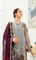 Embroidered Chiffon front with sequins– 30 inch  Embroidered Chiffon back – 30 inch Embroidered Chiffon sleeves  Embroidered tissue sleeves lace with pasting Embroidered tissue ghera lace Embroidered Chiffon dupatta – 2.50 Meter  Raw Silk trouser – 2.5 Meter  Embroidered tissue trouser lace