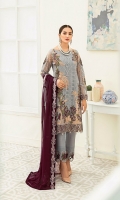 Embroidered Chiffon front with sequins– 30 inch  Embroidered Chiffon back – 30 inch Embroidered Chiffon sleeves  Embroidered tissue sleeves lace with pasting Embroidered tissue ghera lace Embroidered Chiffon dupatta – 2.50 Meter  Raw Silk trouser – 2.5 Meter  Embroidered tissue trouser lace