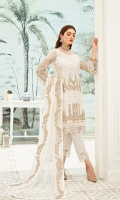 Embroidered Chiffon front with sequins– 30 inch  Embroidered Chiffon back – 30 inch Embroidered Chiffon sleeves  Embroidered tissue sleeves lace Embroidered tissue ghera lace Embroidered Chiffon  dupatta – 2.50 Meter  Raw Silk trouser – 2.5 Meter