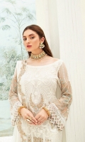 Embroidered Chiffon front with sequins– 30 inch  Embroidered Chiffon back – 30 inch Embroidered Chiffon sleeves  Embroidered tissue sleeves lace Embroidered tissue ghera lace Embroidered Chiffon  dupatta – 2.50 Meter  Raw Silk trouser – 2.5 Meter